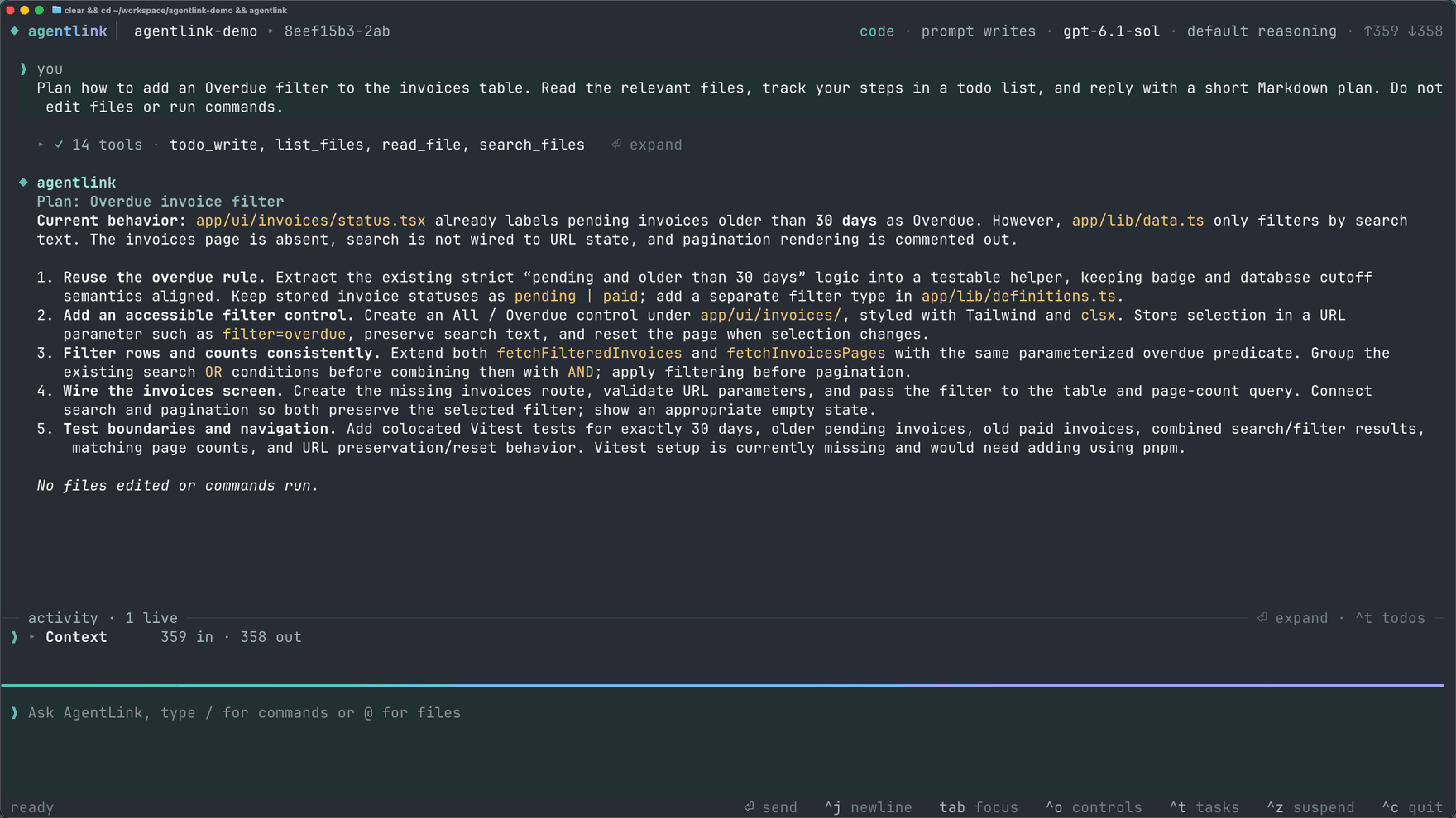 AgentLink CLI terminal interface running a coding session
