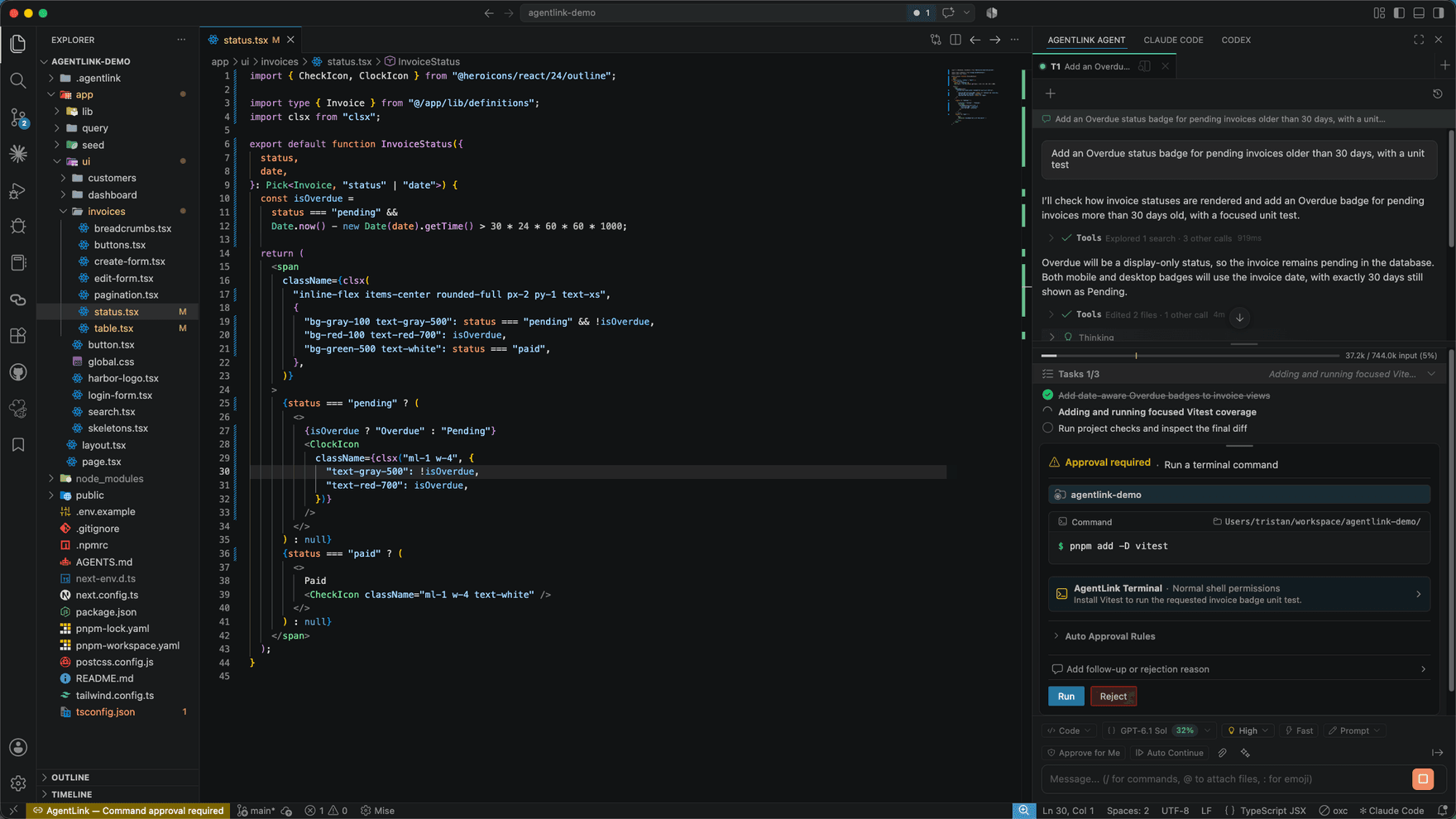 VS Code command approval showing the command, working directory, reason, approval rules and Run/Reject controls